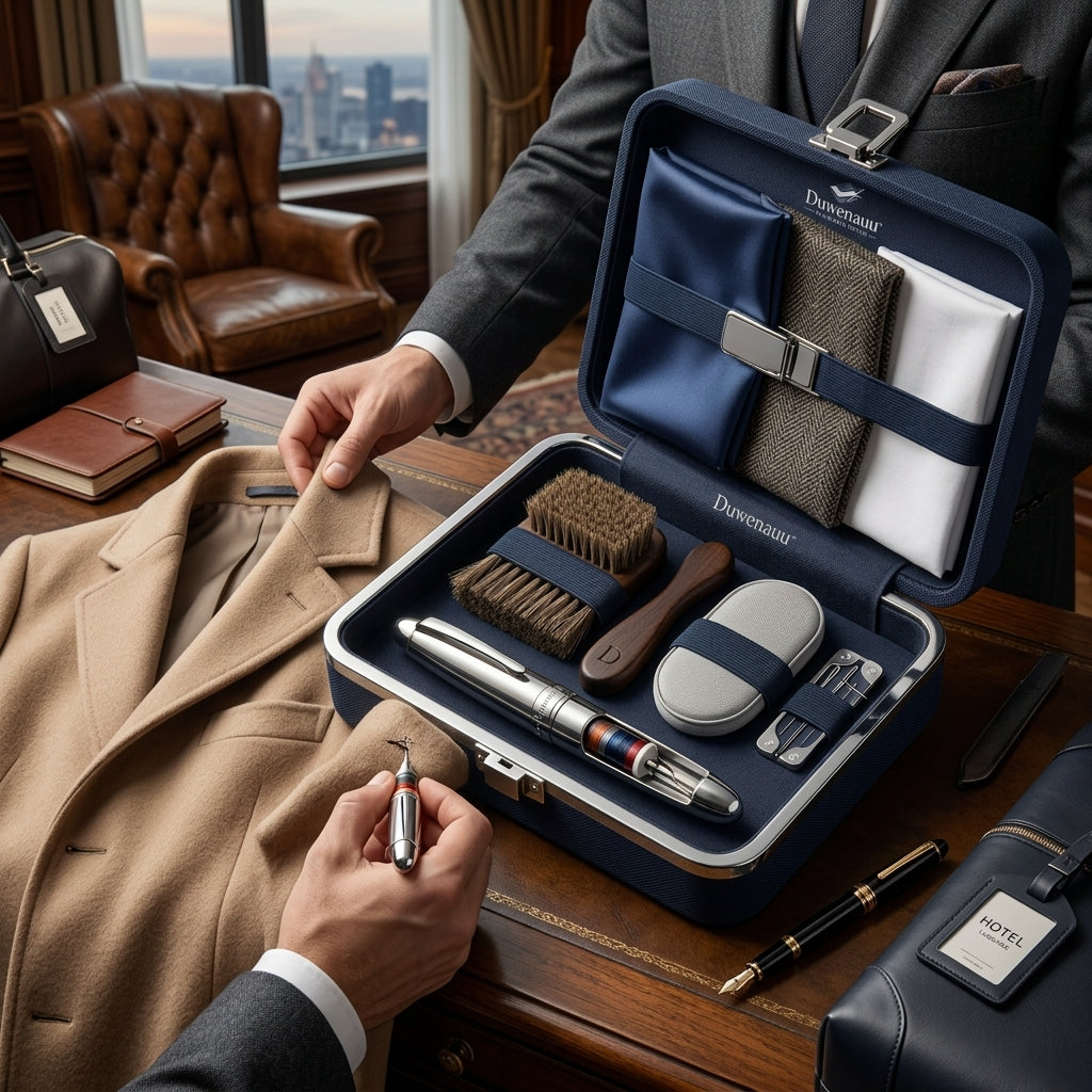Duwenauu™ Premium Fabric Care & Travel Organizer Kit | Luxury Business Travel Sewing Set with Easy-Repair Thread Applicator, Compact Lint Brushes, and Modular Pocket Square Dividers for Discerning Gentlemen