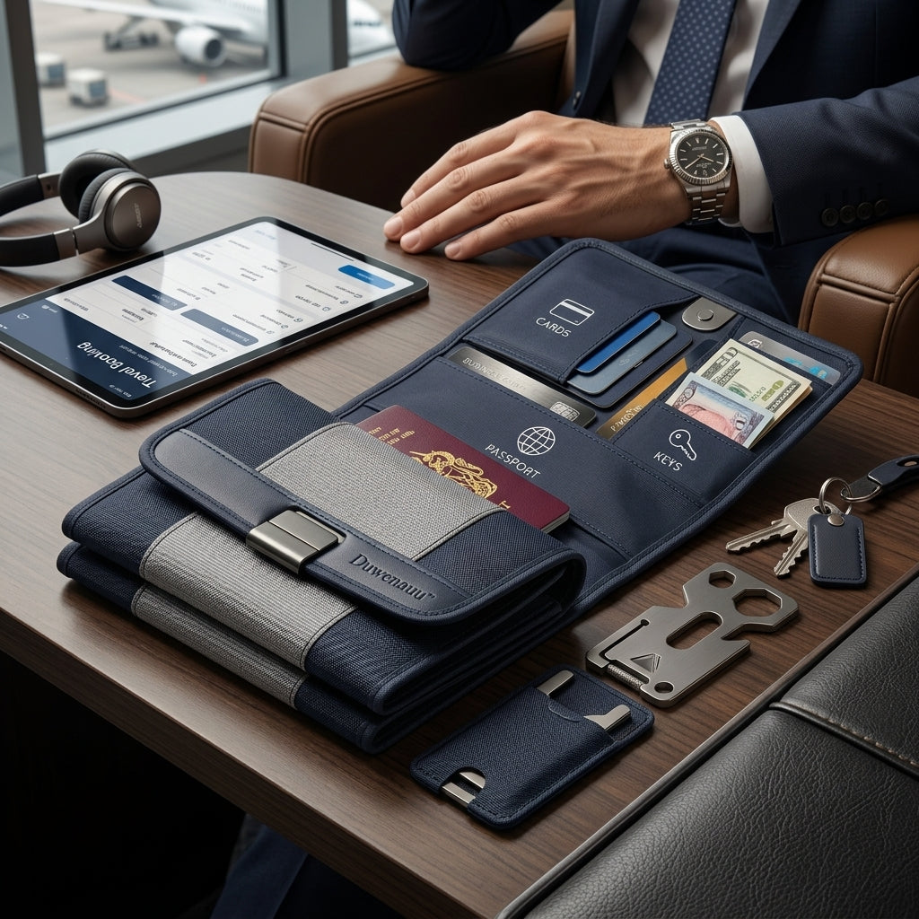 Duwenauu™ Ultra-Compact Premium Fabric Travel Valet – Slim Passport Holder & Travel Wallet Organizer with Detachable Card Sleeve and Metal Multi-Tool, Next-Gen Technical Textile EDC Case for Business Travelers & Modern Professionals